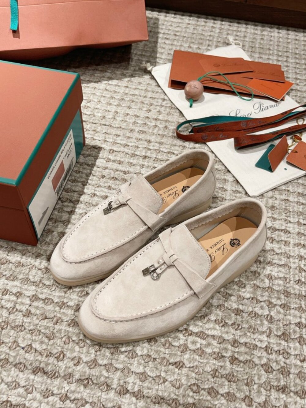 Loro Piana Summer Charms Walk Suede Loafers Beige Beige Flat NIB